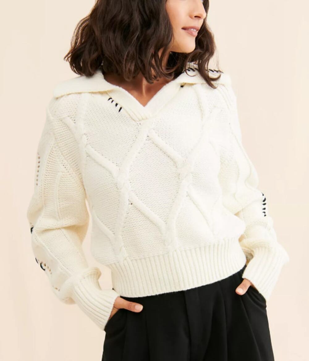 En Saison Anthropologie Whipstitch Lena Sweater Cable Knit Spread Collar Medium